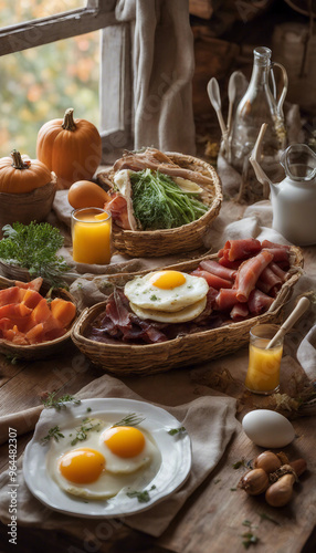 two plates with sunny-side-up eggs, crispy bacon, a basket of fresh vegetables, a glass of orange juice, and decorative pumpkins on a wooden table with a window in the background.