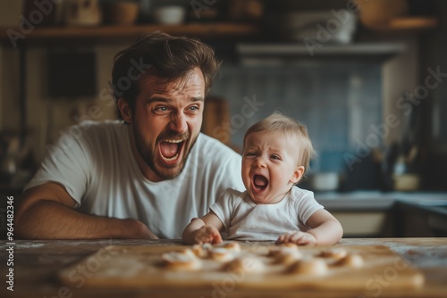 Father and baby sharing moments of joy while baking in warm home setting, concept of parentchild bonding, perfect for familyoriented advertisements and social media content photo