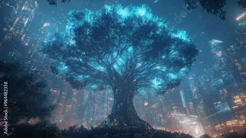 Enchanted tree illuminating futuristic cityscape, vibrant neon glow, digital art depiction of nature's resilience in urban environment, perfect for scifi themes and fantasy designs