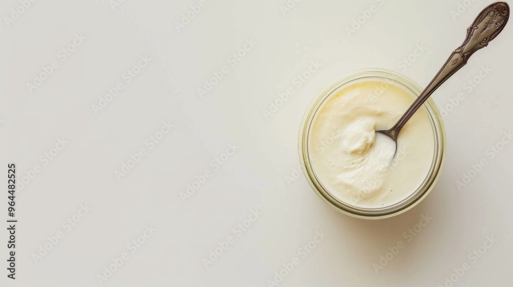 A simple jar of creamy mayonnaise sits on a light table. A vintage spoon rests inside. This image showcases a modern food style, perfect for culinary uses or cooking blogs. AI A simple jar of creamy mayonnaise sits on a light table. A vintage spoon rests inside. This image showcases a modern food style, perfect for culinary uses or cooking blogs. AI