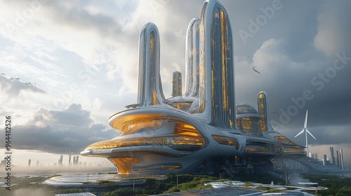 Futuristic cityscape with towering buildings and wind turbines illustrating modern architecture and sustainable energy concepts for urban design and environmental awareness.