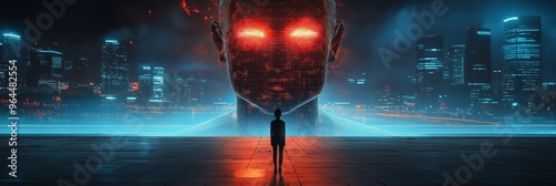 Futuristic digital giant head overlooking a city with a lone figure standing on a platform at night, representing artificial intelligence, technology dominance, and dystopian future themes