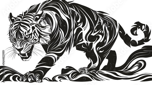 Wallpaper Mural Chinese Zodiac Tiger in Black and White: A fierce tiger, illustrated in a bold black and white style, with sharp lines and dynamic poses capturing its agility and courage.
 Torontodigital.ca