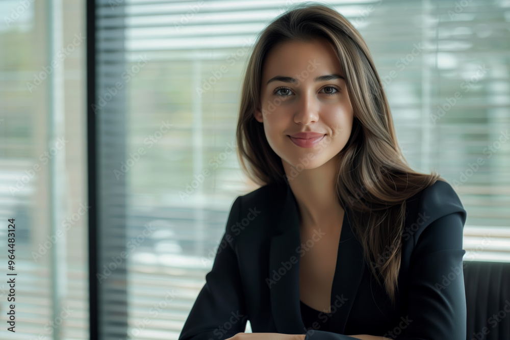 Hispanic businesswoman in a black business suit sitting at a desk. Young brunette female manager at her workplace in a office is smiling for the camera. Hispanic businesswoman in a black business suit sitting at a desk. Young brunette female manager at her workplace in a office is smiling for the camera.
