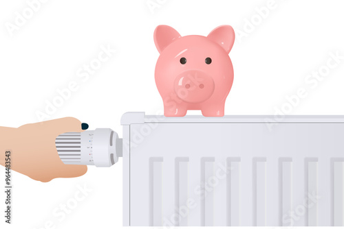 Human hand adjusting thermostat with  the piggy bank on the  radiator