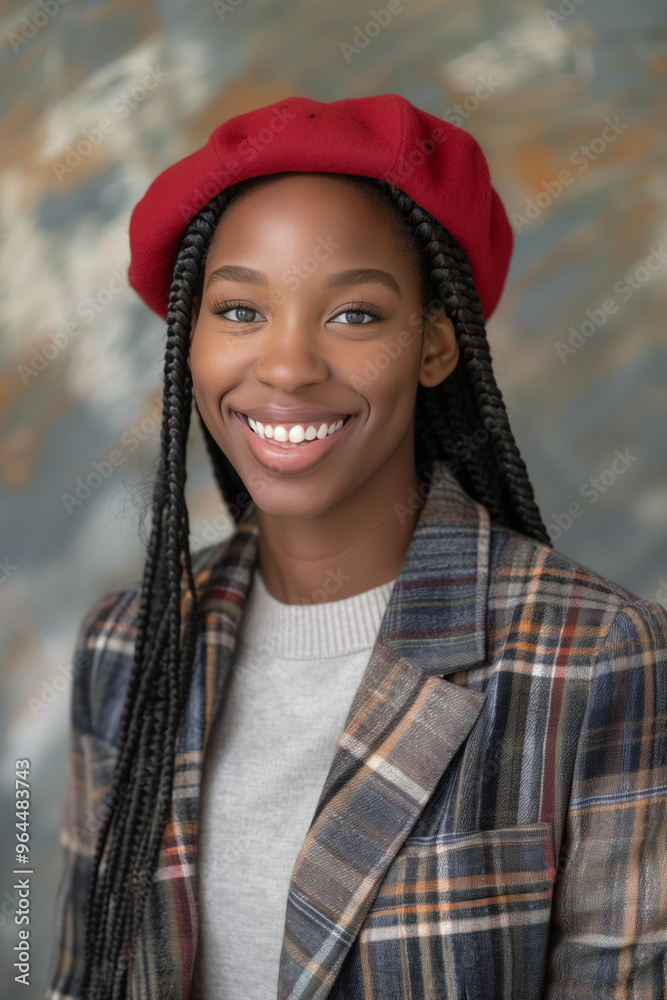 African american woman with dreadlocks is wearing a red hat and smiling. Black lady wearing a plaid jacket and a white shirt African american woman with dreadlocks is wearing a red hat and smiling. Black lady wearing a plaid jacket and a white shirt