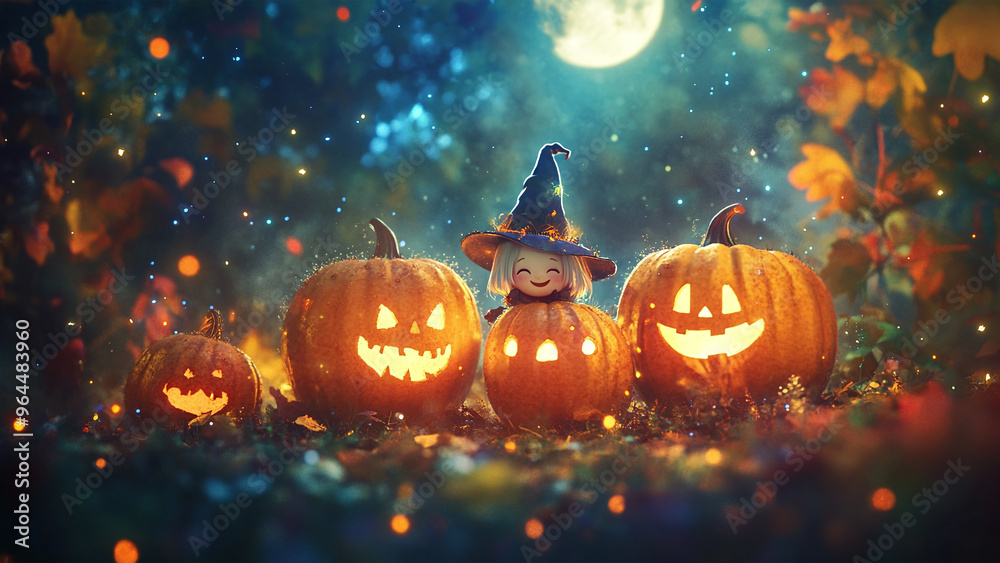 Fototapeta premium Halloween Night Magic: Enchanted Pumpkins and Moonlight Background Wallpaper with Bokeh Lights for Festive Celebrations and Seasonal Decorations