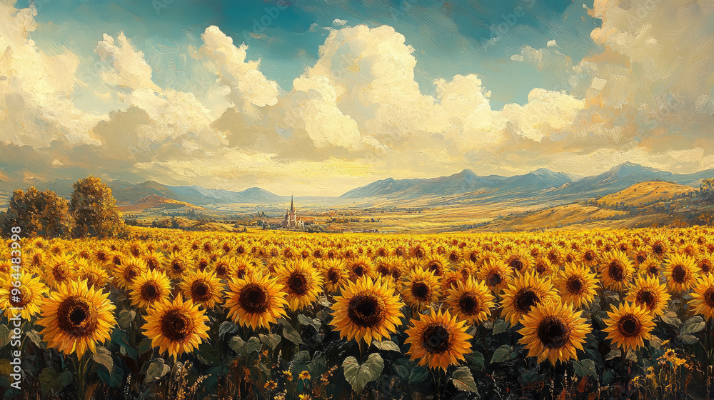 Obraz premium field of yellow sunflowers, autumn landscape, seasonal background, harvest, agriculture, flowers, fall, plants, nature, september, october, horizontal illustration, seeds, bloom, petals, growth