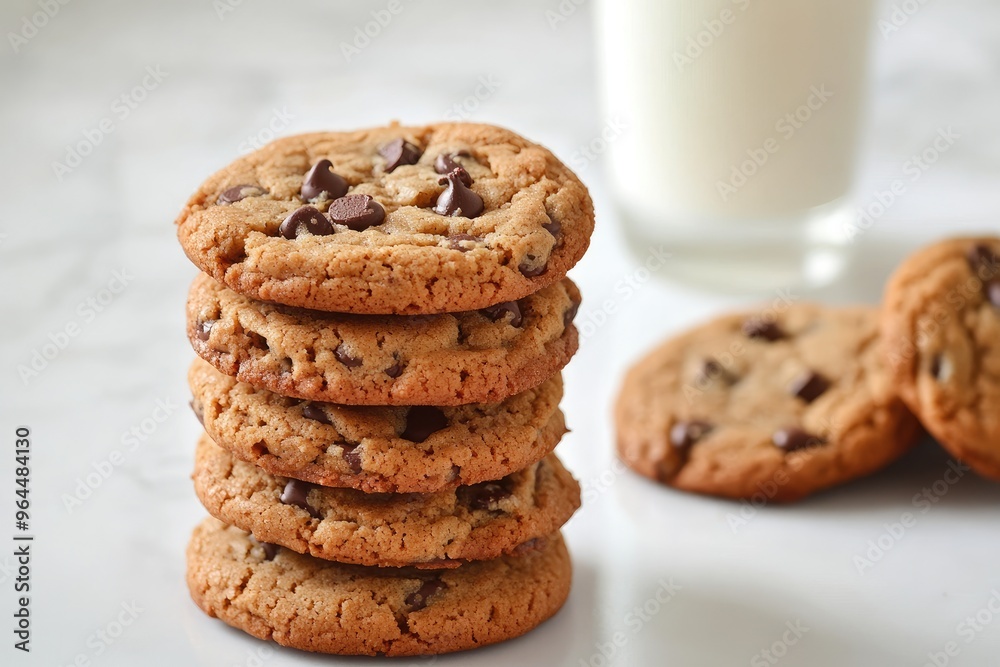 A stack of chewy peanut butter chocolate chip cookies, with a glass of milk in the background A stack of chewy peanut butter chocolate chip cookies, with a glass of milk in the background