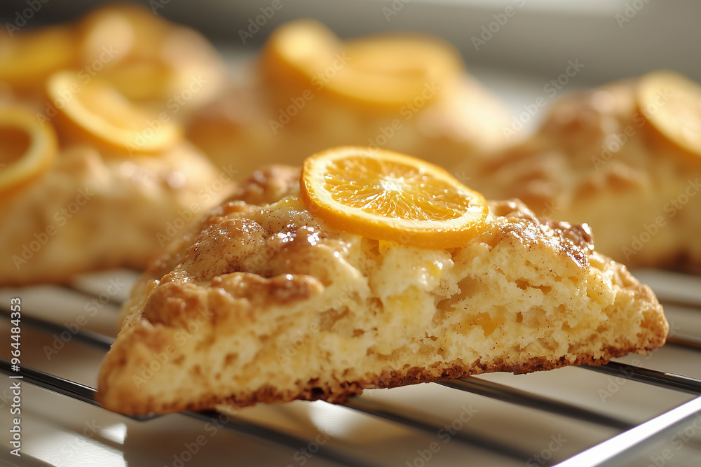 Warm cinnamon orange scones cooling gently on a wire rack, inviting with their sweet aroma in a sunlit kitchen Warm cinnamon orange scones cooling gently on a wire rack, inviting with their sweet aroma in a sunlit kitchen