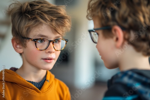 Young boy with glasses looking at his reflection, highlights selfawareness and contemplation, ideal for psychology and selfperception studies. photo