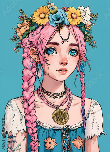 A young woman with fantastical features that are a mix of human and animal. She is wearing bohemian clothing with simple floral decorations around her head, and her hair is neatly braided.