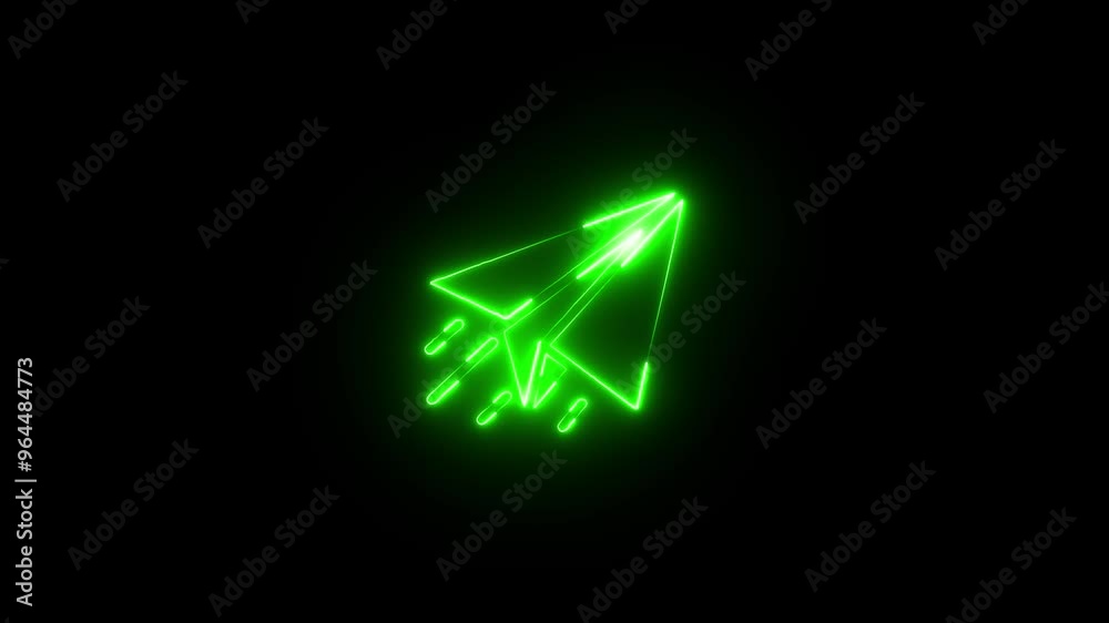 Paper Plane neon sign appear in center and disappear after some time. Animated blue neon icon on black background. Looped animation. Paper Plane neon sign appear in center and disappear after some time. Animated blue neon icon on black background. Looped animation.