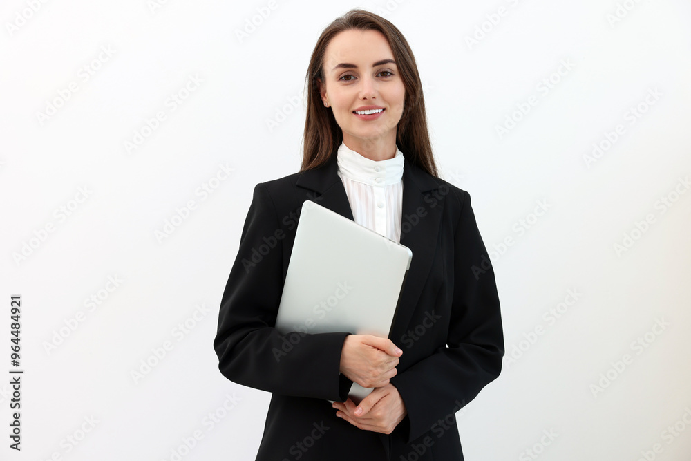 Portrait of smiling businesswoman with laptop on white background Portrait of smiling businesswoman with laptop on white background