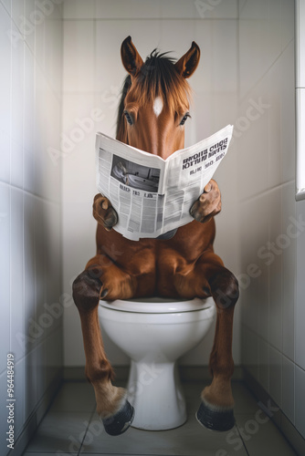 A horse takes a moment of leisure while reading the news in a bathroom, perfectly perched on a toilet in a whimsical setting