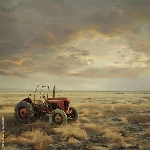 Abandoned Tractor in Decimated Drought-Stricken Farmland with Ominous Sky photo