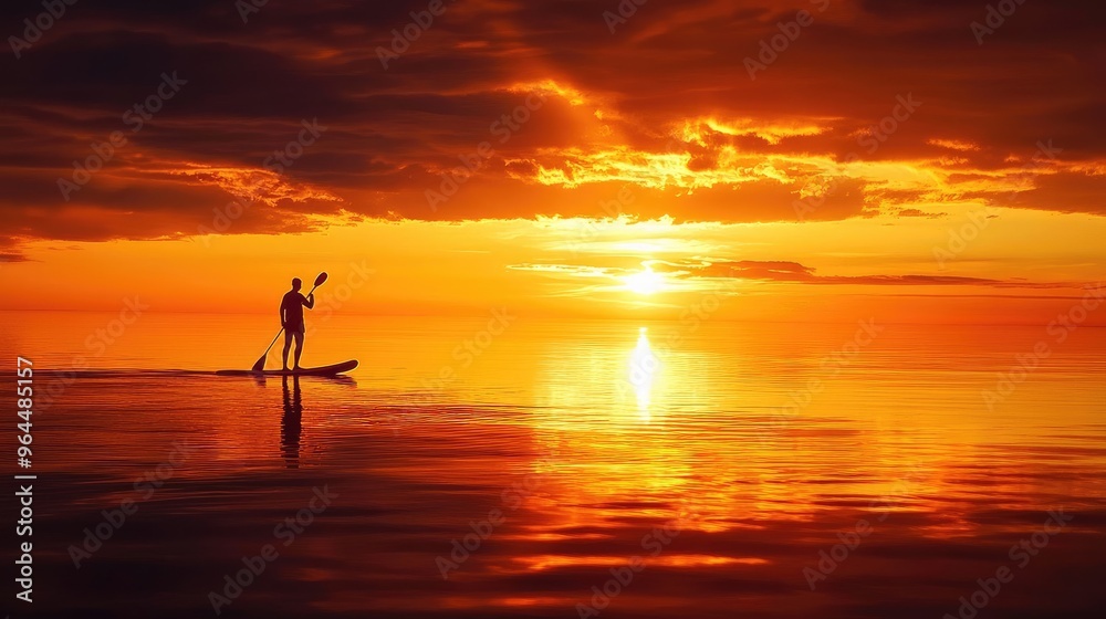 Silhouette of a person paddleboarding on calm waters at sunset, with the warm hues of the setting sun creating a peaceful, reflective scene Silhouette of a person paddleboarding on calm waters at sunset, with the warm hues of the setting sun creating a peaceful, reflective scene