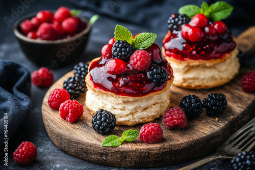 Delicious homemade scones topped with fresh berries on a rustic wooden board in a cozy kitchen setting