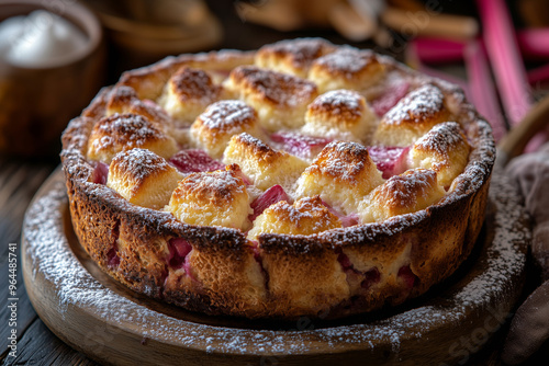 Decadent rhubarb ricotta bread and butter pudding served warm, perfect for a cozy afternoon treat in the heart of autumn photo