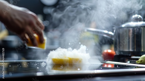 Person cleaning stovetop with sponge