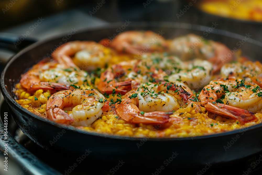 A beautifully cooked seafood paella in a cast iron skillet, filled with shrimp and herbs, ready to be enjoyed at a sunny outdoor gathering A beautifully cooked seafood paella in a cast iron skillet, filled with shrimp and herbs, ready to be enjoyed at a sunny outdoor gathering