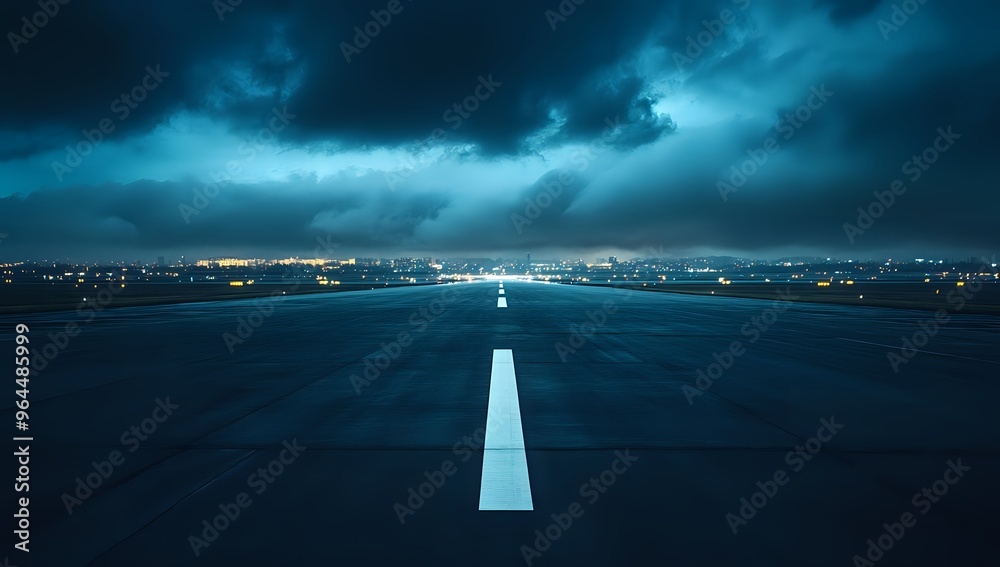 Fototapeta premium Runway leading towards city lights under dramatic night sky.
