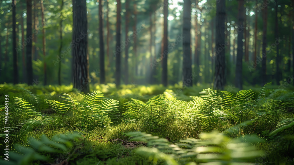 Sunlit Ferns in a Serene Forest with Tall Pine Trees and Lush Green Foliage Sunlit Ferns in a Serene Forest with Tall Pine Trees and Lush Green Foliage