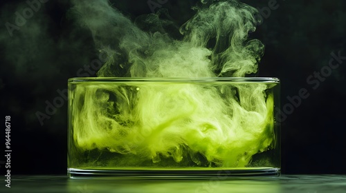 Chlorine Gas Cloud: A representation of chlorine gas as a greenish-yellow cloud swirling in a transparent container, with a sense of toxic danger.
