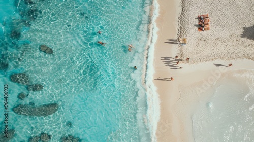 Aerial shot of a pristine beach with crystal-clear waters and people enjoying the sun and waves.