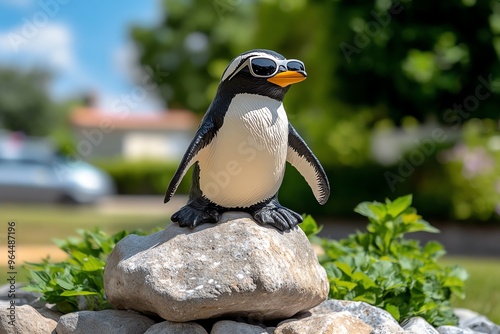 Funny statue, penguin wearing sunglasses, cool and relaxed adds a touch of whimsy to the park, perched confidently on a rock photo