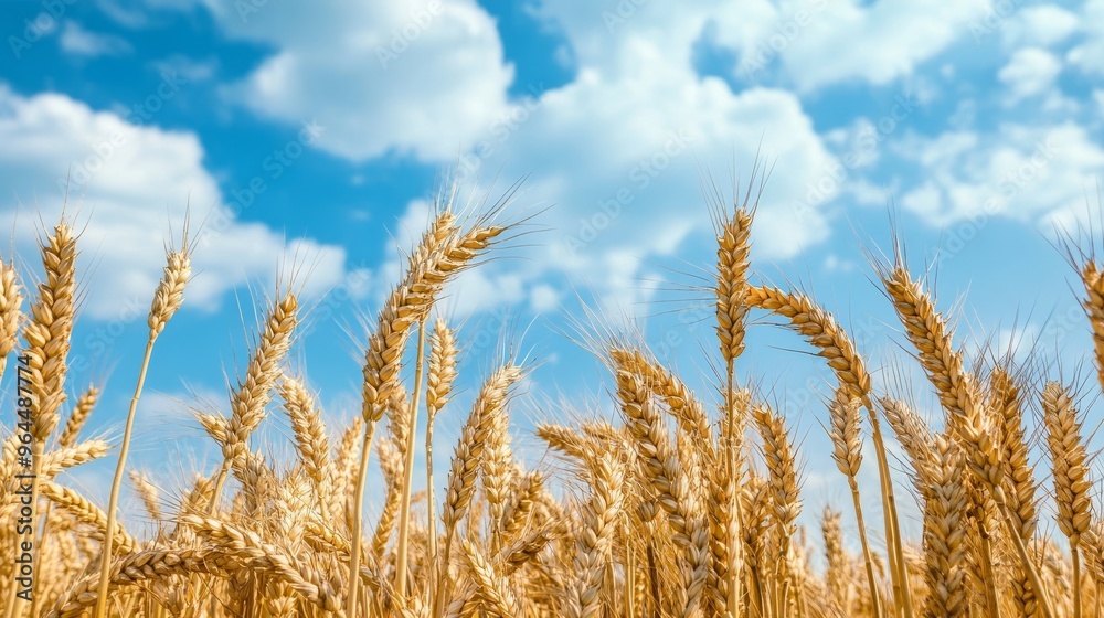 Fototapeta premium Wheat field under blue sky in summer.