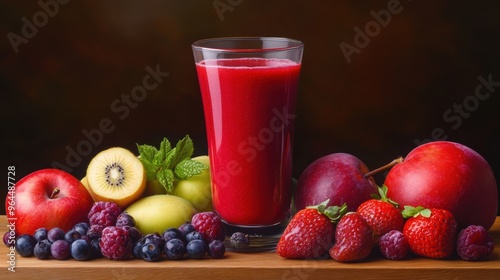 A table with fruit and a glass of juice on it, AI