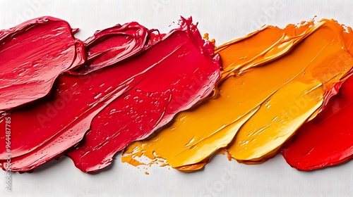 Red and yellow acrylic swirls dance across a white canvas in a vivid display.
