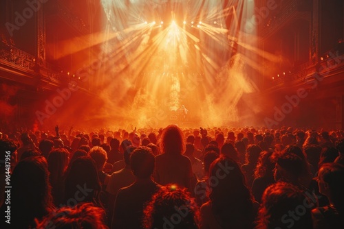 Crowd enjoying an energetic live music performance in a vibrant venue filled with dynamic lights and smoke during an evening show