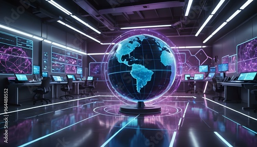 Controle Center with Holgraphic Globe and Geo Spatial Information GIS Overlay