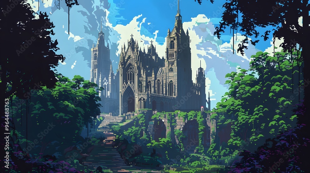 A grand cathedral stands majestically in a lush forest, with sunlight filtering through the trees, creating a serene and enchanting atmosphere. The pixel art style adds a nostalgic charm. A grand cathedral stands majestically in a lush forest, with sunlight filtering through the trees, creating a serene and enchanting atmosphere. The pixel art style adds a nostalgic charm.