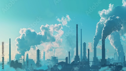 Industrial smokestacks emitting large clouds of smoke, painting a somber picture of pollution and environmental impact under a turquoise sky.