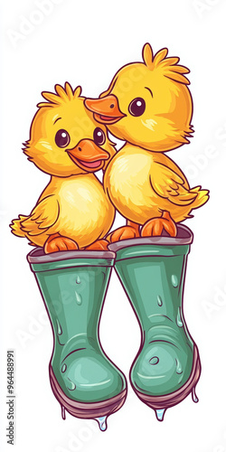 duck yellow cute animals boots cartoon children playful nature farm love happy illustration friendship wet furry babyducks footwear graphic character adorable pair  photo