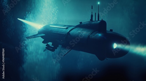 Wallpaper Mural A mysterious, illuminated underwater submarine explores the ocean depths, casting light beams and uncovering eerie underwater scenery. Torontodigital.ca