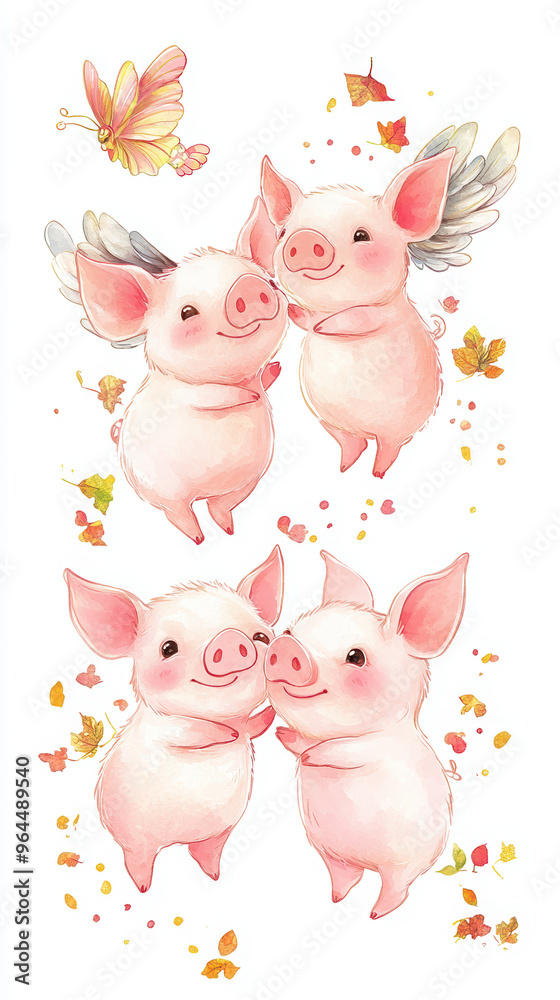 Obraz premium cute pig cartoon animals illustration whimsical pink nature wings butterflies baby pigs playful flowers adorable happy delightful art farm animals fantasy