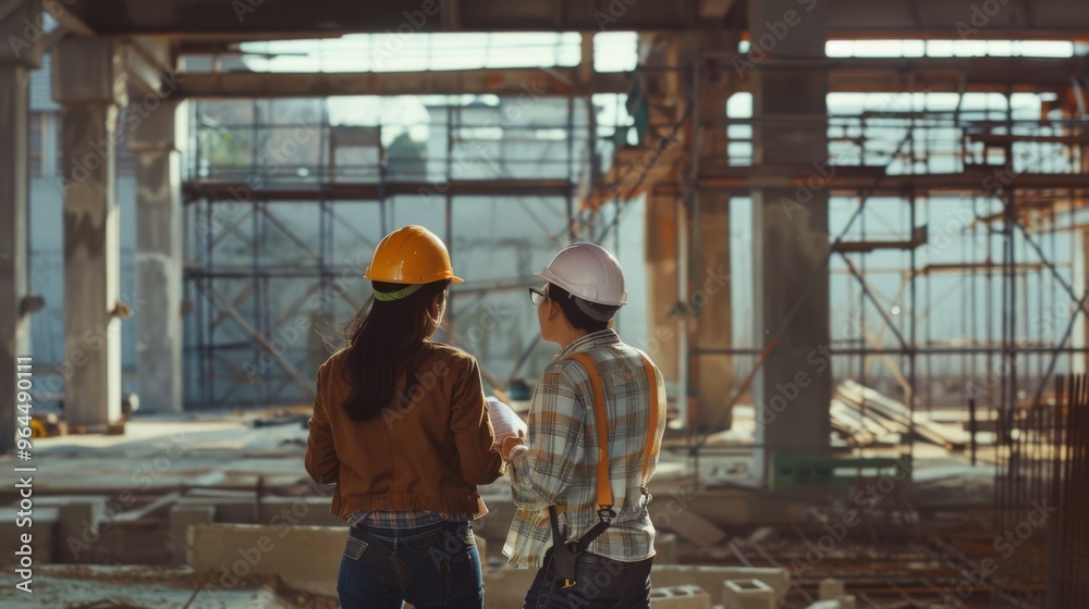 Two construction workers collaborate inside a large industrial building, discussing plans amidst the framework of an unfinished structure. Two construction workers collaborate inside a large industrial building, discussing plans amidst the framework of an unfinished structure.