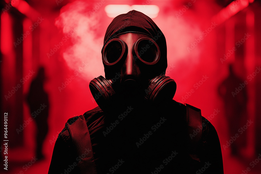 A person wearing a gas mask with a red light, in a horror-style setting with a dark background. A person wearing a gas mask with a red light, in a horror-style setting with a dark background.