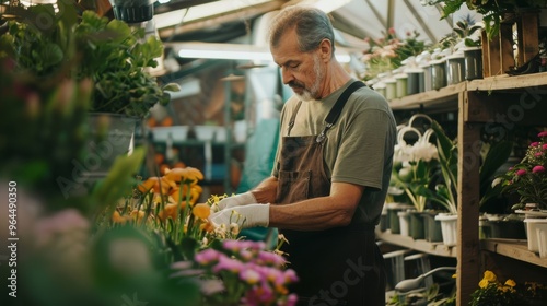 A middle-aged man meticulously arranging colorful flowers in a greenhouse, embodying dedication to the art of gardening.