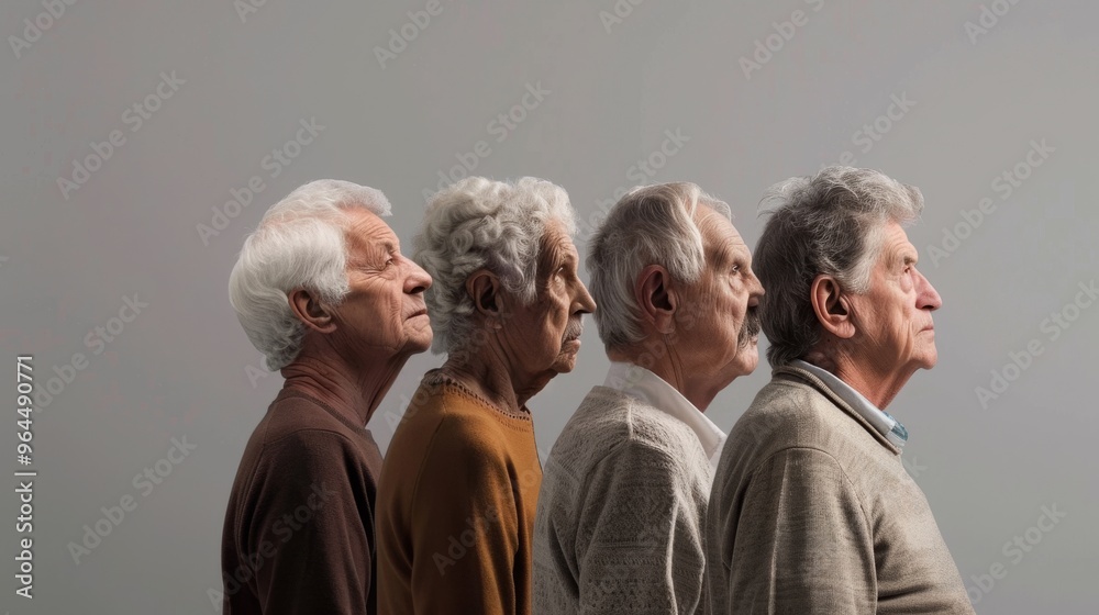 Obraz premium A group of elderly individuals in profile, lined up and looking forward against a neutral background.