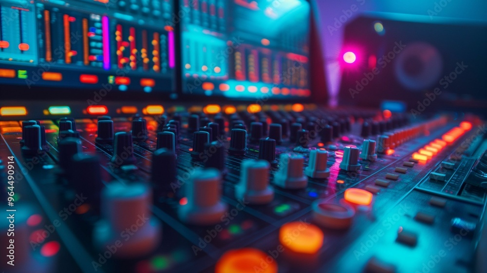 Audio mixing console with colorful lights and screens in a recording studio. Audio mixing console with colorful lights and screens in a recording studio.