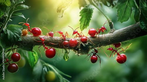 Red ants are busy carrying different fruits, including wild tomatoes and cherries, on a tree branch. Their nest is on a green background. These hardworking ants are called weaver ants. photo