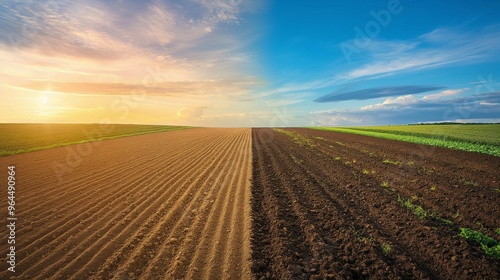 Plowed and unplowed fields under a blue sky at sunrise. photo