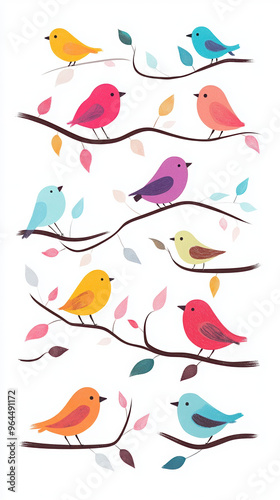 Wallpaper Mural birds tree colorful birds autumn leaves nature illustration wildlife animal art cute birds birdwatching vibrant colors cartoon birds branches seasonal forest Torontodigital.ca