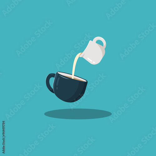 Coffee Vector Flat Design Illustration. Pouring Froth Milk On Coffee Cup. Pouring Latte Art. Coffe cup/mug