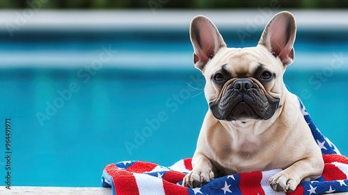 French Bulldog sketched with a flag-patterned towel beside a pool, blending patriotism and relaxation, French Bulldog, Patriotic Leisure photo